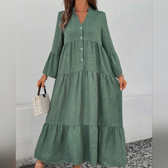 Women's Notched Neck Single-Breasted Long Sleeve Casual Dress - Picture 3 of 5